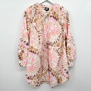 Lands End Tunic Top Shirt 2X Tie Dye Pockets Hippie Pastel Rainbow Boho Festival